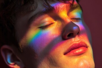 closed eyes, calm expression, pride-colored light around face
