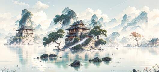 Chinese water color paint of the boat on the lake.