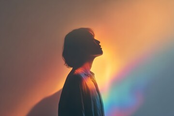 silhouette of person in soft rainbow aura, emotional healing mood