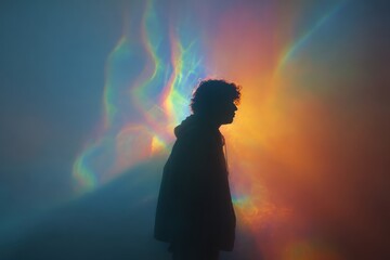 silhouette of person in soft rainbow aura, emotional healing mood