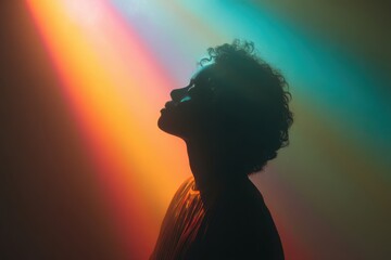 silhouette of person in soft rainbow aura, emotional healing mood