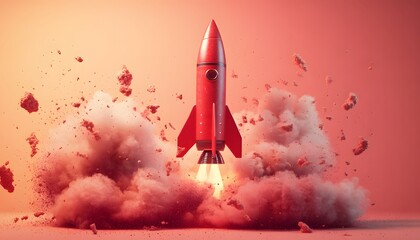 Fototapeta premium Pixelated red rocket launching with explosion of particles and smoke against an orange-red backdrop conveying themes of progress and innovation. The image uses warm lighting.