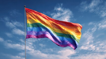 rainbow flag waving under clear blue sky, soft wind motion, white clouds background, realistic clean tone