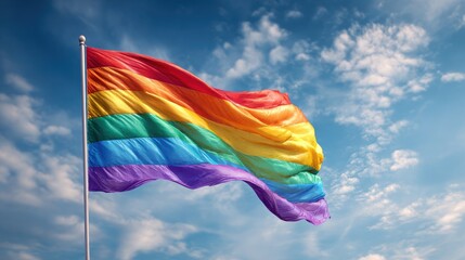 rainbow flag waving under clear blue sky, soft wind motion, white clouds background, realistic clean tone