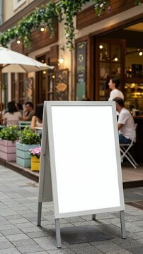 Blank A-frame sign in a cafe setting