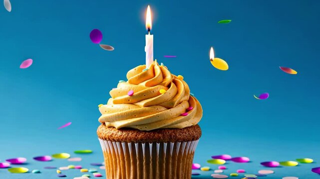 A beautifully decorated cupcake with a candle on top.