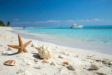 Fototapeta na wymiar Serene Beach Scene Starfish, Seashells, and Turquoise Waters
