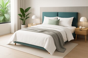 Cozy modern bedroom with teal headboard, white bedding, wood nightstands, and decor in light-filled contemporary interior space with plant view.