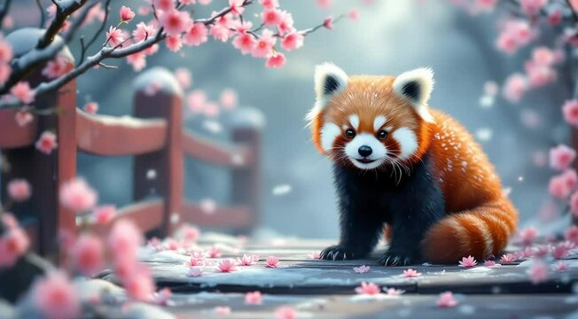 Adorable red panda in cherry blossom snow