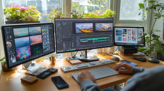 Home office setup shows creative software screens keyboard emphasizing productivity AI generated
