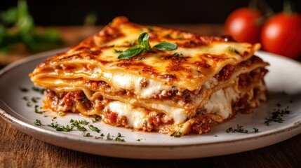 A tantalizing plate of homemade lasagna, layered beautifully with cheese and meat sauce, showcasing culinary craftsmanship and the warmth of sharing a wonderful meal with loved ones.