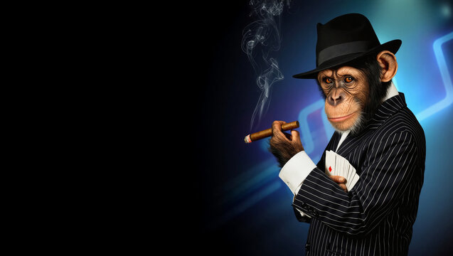 Stylishly dressed monkey holding a cigar with playing cards in hand against a dramatic blue background