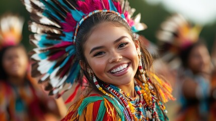 A cheerful dancer dressed in vibrant traditional attire radiates joy and cultural pride during a festive celebration, highlighting the beauty of diversity through dance.
