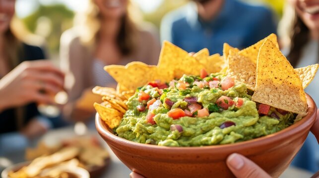 Enjoying fresh guacamole with tortilla chips at a sunny outdoor gathering in early afternoon