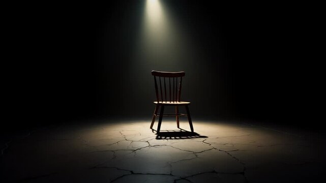 An empty wooden chair is illuminated by a spotlight in a dark room.