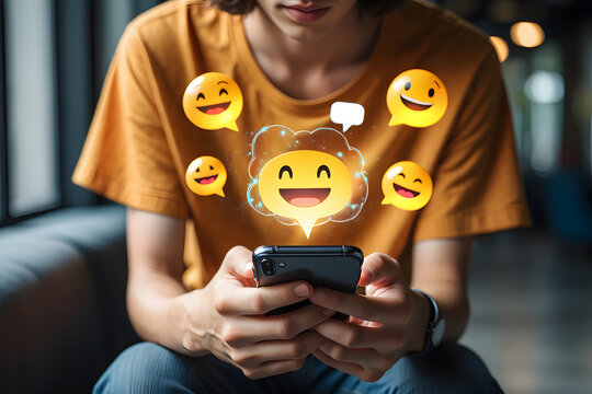 Happy person using smartphone with positive emojis social media feedback