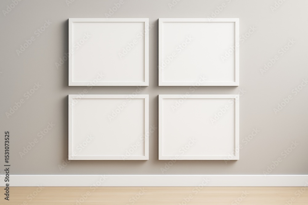 Poster four blank white picture frames on a light gray wall in modern empty room interior with wooden floor