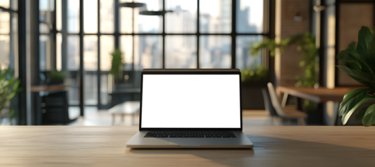 Office Laptop With Transparent PNG Screen Mockup on Tabletop for Use in Advertisements, Branding, and Promotions