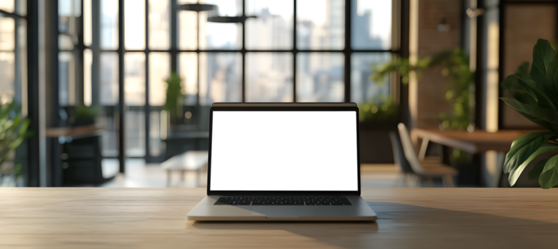 Office Laptop With Transparent PNG Screen Mockup on Tabletop for Use in Advertisements, Branding, and Promotions