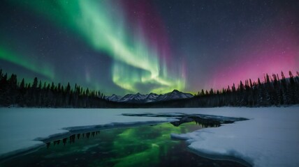 Sunset over tranquil water, with a vibrant night sky and bright aurora borealis illuminating the landscape