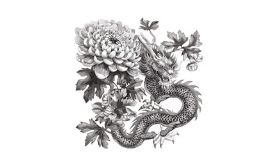 Japanese Chrysanthemum Flowers Red Dragon Engraving Vintage Vector Illustration, Asian floral art, traditional tattoo design, ornamental pattern, botanical drawing, nature graphic.