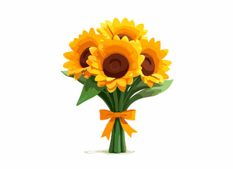 Obraz premium Bright sunflower bouquet with green leaves and orange ribbon on light background