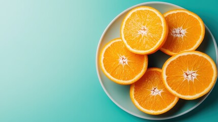 Fototapeta premium A visually appealing arrangement of sliced oranges on a soft blue plate, highlighting the natural beauty and vibrant color of the fruit in an artistic and refreshing manner.