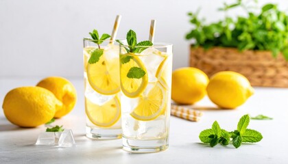 Refreshing Lemonade with Ice and Mint Garnish Served on Bright Tabletop