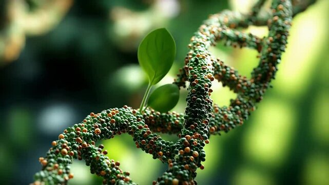 Indepth detailed closeup visualization of DNA alongside vibrant green leaves