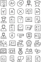 Set of 50 line icons related to grade, exam, score, graduate, teacher, academic, pass, results, Editable stroke. Vector illustration