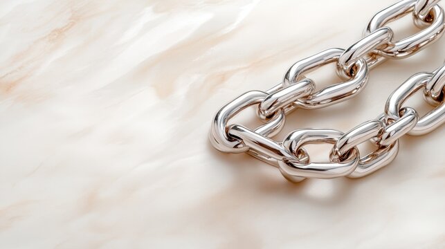 A close-up of a shiny silver chain resting on a smooth, textured background brings a sense of luxury and elegance, highlighting the intricate design and craftsmanship of jewelry.