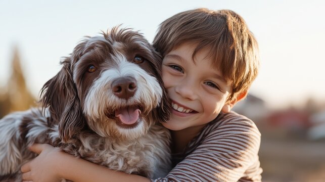 A cheerful boy holds his dog tight with a big smile, capturing a heartwarming moment filled with love, joy, and companionship between children and their pets outdoors under a clear sky.