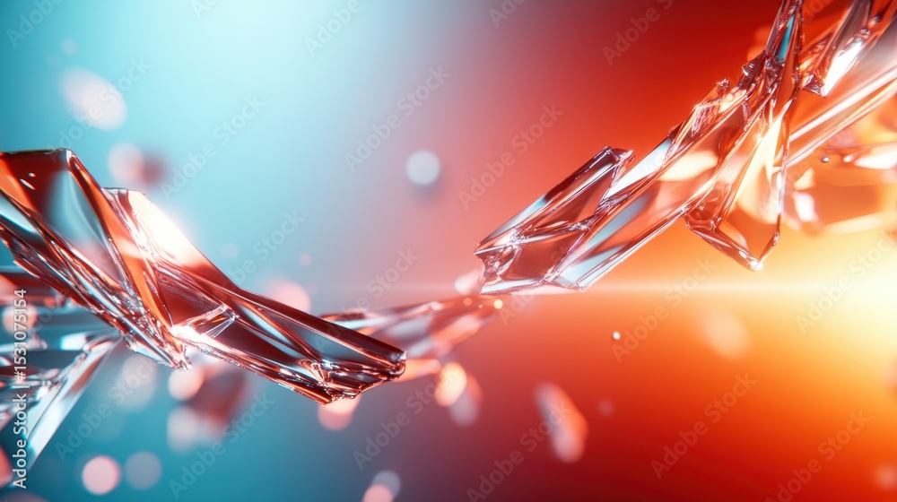 Poster a mesmerizing composition of sharp glass shards reflecting vibrant hues of red and blue light, creat