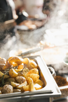 hot, fresh potatoes at a buffet