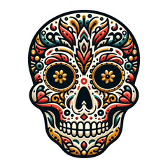 highly decorated sugar skull with intricate patterns and vibrant colors. Ideal for websites/blogs about Day of the Dead, Mexican culture, Halloween, celebrations, or folk art.