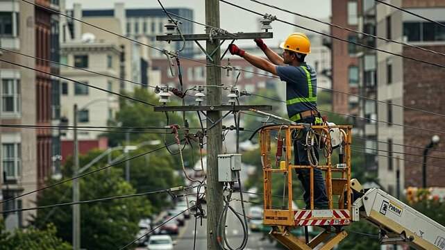 Male utility worker in hard hat repairing power line from a lift bucket. Electrician performing maintenance on telecommunication wires.