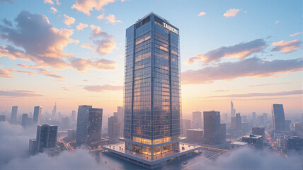 Cityscape with skyscrapers and clouds in background