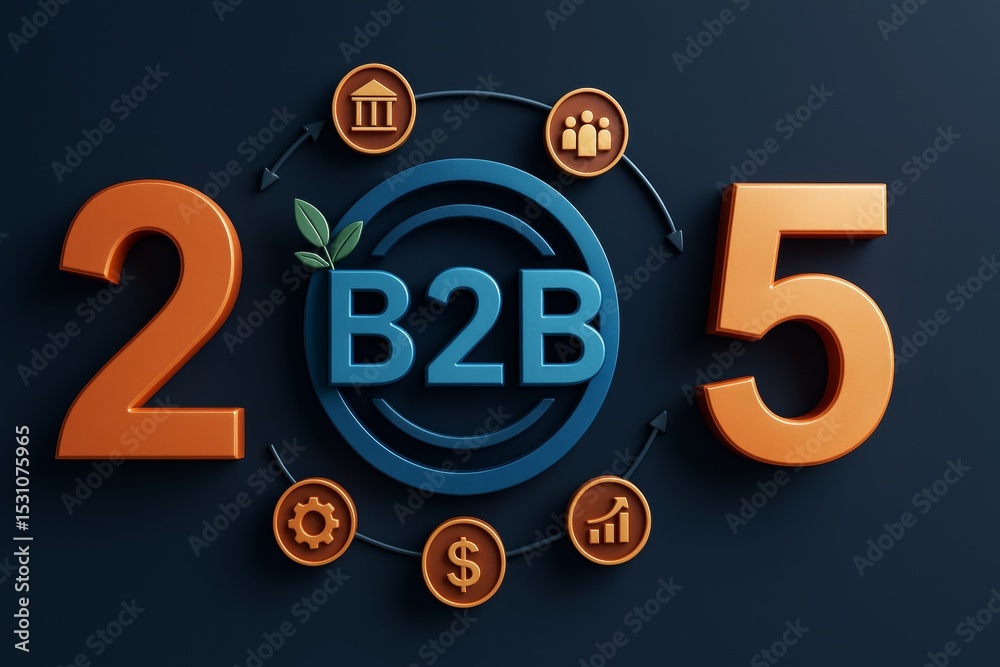 Poster b2b business strategy concept with 2025 numbers and economic icons on dark background with creative 