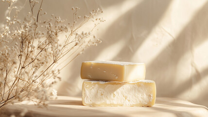A delicious selection of handpicked gourmet cheese varieties arranged on a beige background with soft lighting
