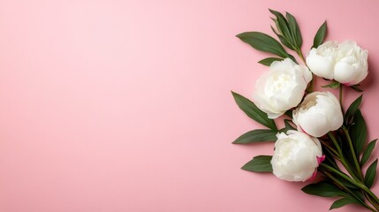 Fototapeta premium An elegant arrangement of white peony flowers on a soft pink background, capturing a sense of beauty and tranquility, ideal for decoration or design themes.