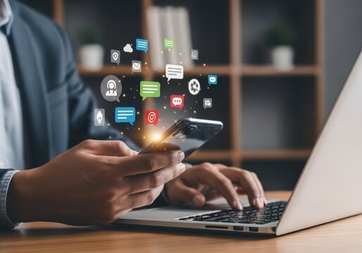 Businessman using smartphone and laptop with social media icons