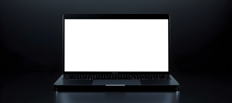 Transparent PNG Laptop Mockup on Table in Corporate Office Environment for Product Marketing and Advertising Projects