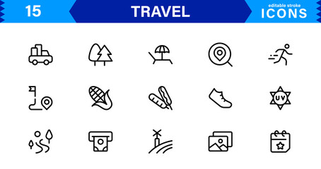 Travel Icon Set Featuring Airplane, Luggage, Destination, Passport, and Vacation Symbols in Clean, Professional Vector Design for Stock Use