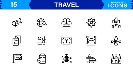 Travel Icon Set Featuring Airplane, Luggage, Destination, Passport, and Vacation Symbols in Clean, Professional Vector Design for Stock Use