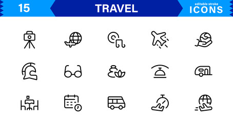 Travel Icon Set Featuring Airplane, Luggage, Destination, Passport, and Vacation Symbols in Clean, Professional Vector Design for Stock Use