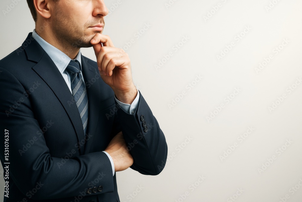 Poster businessman in suit thinking with hand on chin, posing thoughtfully against a light background with 