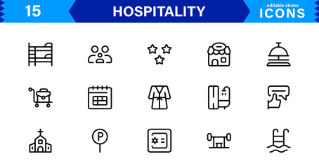 Hospitality Icon Collection with Hotel, Service, Room, Food, and Reception Symbols in Minimalist, Marketable Vector Style for Digital Assets