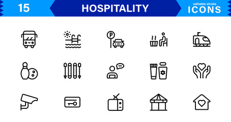 Hospitality Icon Collection with Hotel, Service, Room, Food, and Reception Symbols in Minimalist, Marketable Vector Style for Digital Assets