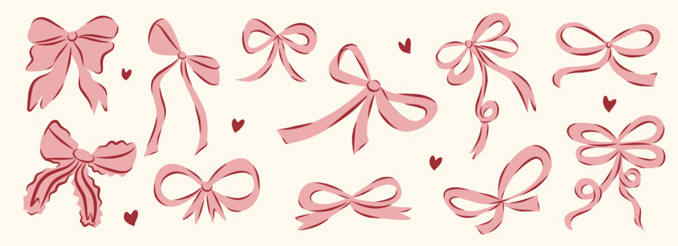 Vector Illustration of 11 pink girly vintage bow set. Y2k bow hair decor flat. Ribbons isolated. Trendy girls accessories. Cute hairstyle elements collection for valentine's day, Christmas, wedding.