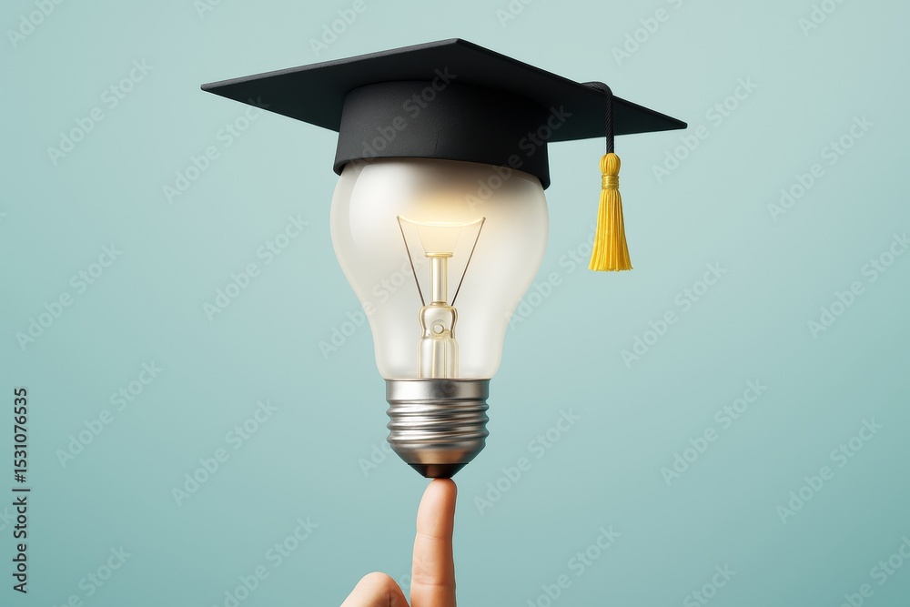Poster light bulb wearing graduation cap symbolizing knowledge and innovation in education and business on 